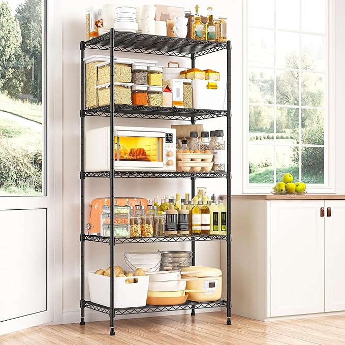 REIBII 5 Tier Storage Shelves Adjustable Wire Rack Shelving, Kitchen Shelves 13.4" D x 23.2" W x 60" H Strong Metal Shelves for Restaurant Garage Pantry，Black