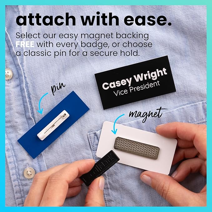 ExcelMark Custom Name Tag - Engraved Name Badge with Pin or Magnetic Backing, 16 Colors, 6 Fonts, and 2 Sizes to Choose from (Blue w/White Letters, 1"x 3")