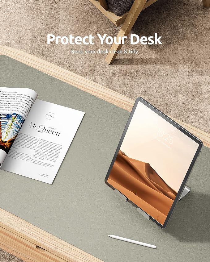 YSAGi Leather Desk Pad Protector, Office Desk Mat, Large Mouse Pad, Non-Slip PU Leather Desk Blotter, Laptop Desk Pad, Waterproof Desk Writing Pad for Office and Home (Olive Beige, 23.6" x 13.8")