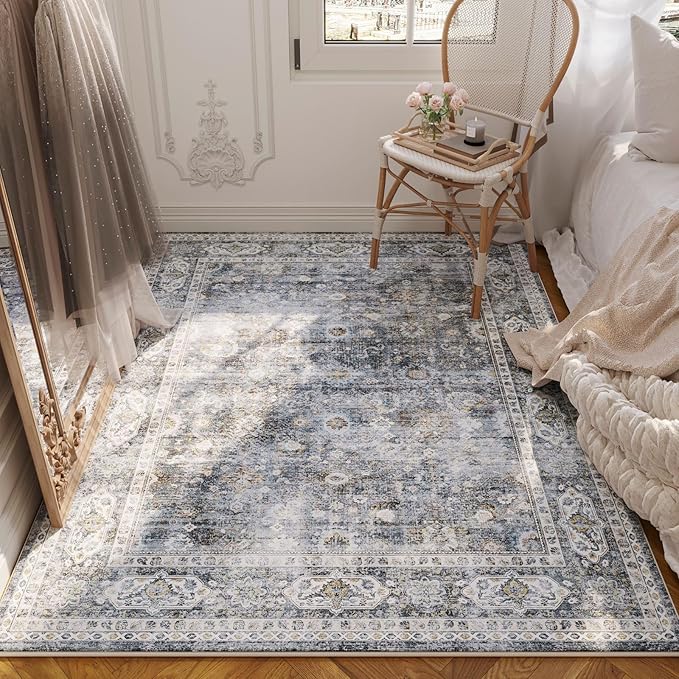 Rugcomf Area Rug 4x6 Rug Washable Boho Rugs Non Slip Low Pile Soft Floral Small Carpet for Bedroom, Bedside, Kids Room, Office, Dining Room(Grey)