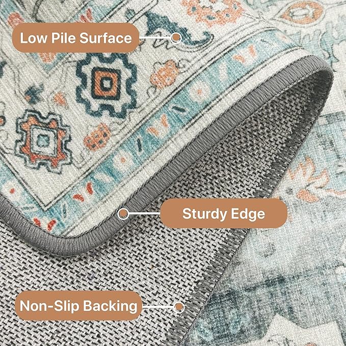 GENIMO 8x10 Area Rugs for Living Room, Machine Washable Non Slip Rugs, Low Pile Lightweight Vintage Print Rug for Bedroom, Dining Room, Home Office, Cyan/White