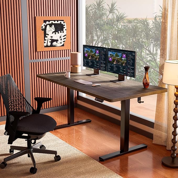ErGear Height Adjustable Electric Standing Desk, 63 x 28 Inches Sit Stand up Desk, Large Memory Computer Home Office Desk with Two-Piece Desktop (Walnut)