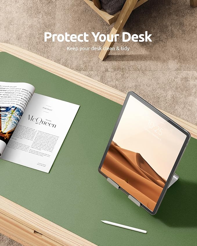 YSAGi Leather Desk Protector, Office Mat, Large Mouse Mat, Non-Slip PU Leather Blotter, Laptop Desk, Waterproof Writing Pad for Office and Home (Bamboo Green, 35.4" x 17")