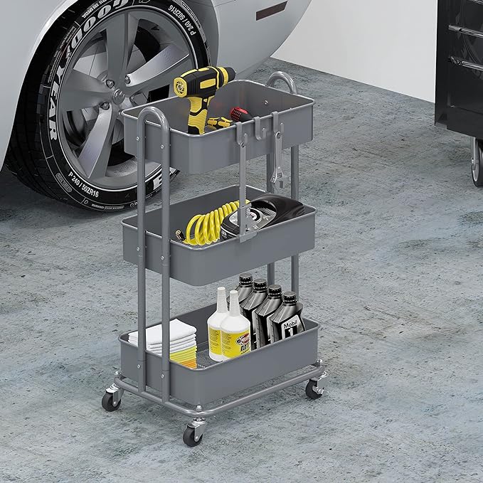 Simple Houseware 3-Tier Heavy Duty Metal Utility Rolling Cart, Silver