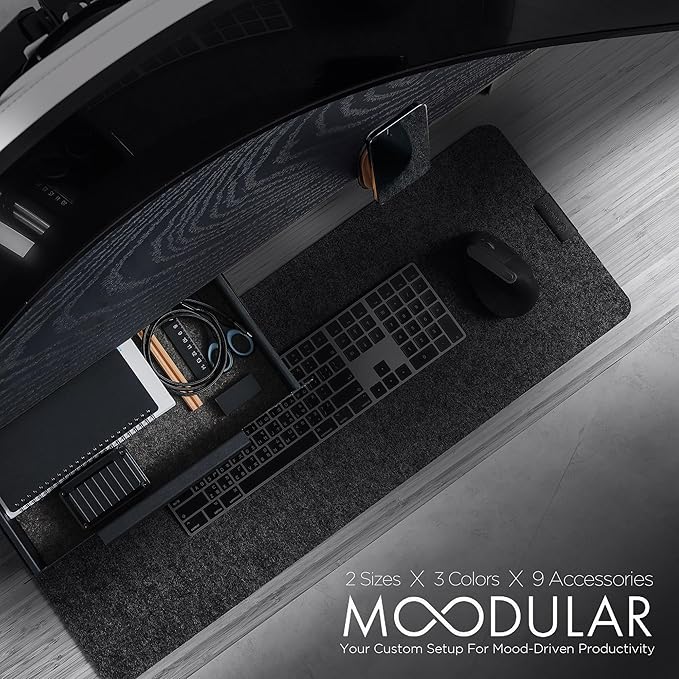ULTRARM Moodular Wooden Monitor Stand 45.6” (116cm) Large Desk Organizer with Metal Slide Rails for Drawer, Tray, Laptop, Tablet, Phone & Headphones Customizable Riser for Organized Workspace Black
