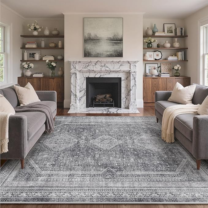 GENIMO 5x7 Area Rugs for Living Room, Machine Washable Non Slip Rugs, Low Pile Lightweight Print Rug for Bedroom, Dining Room, Home Office, Vintage Grey