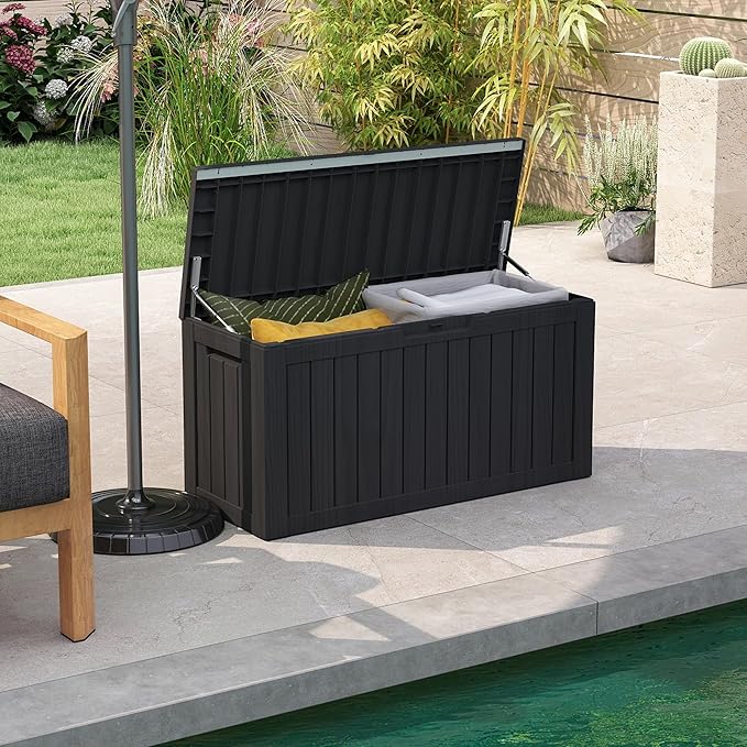 Yardgrace 80 Gallon Outdoor Storage Box Waterproof, Resin Deck Boxes with Lockable Lid & UV-Resistant for Patio, Pool, Garden Furniture Cushions & Accessories, Black