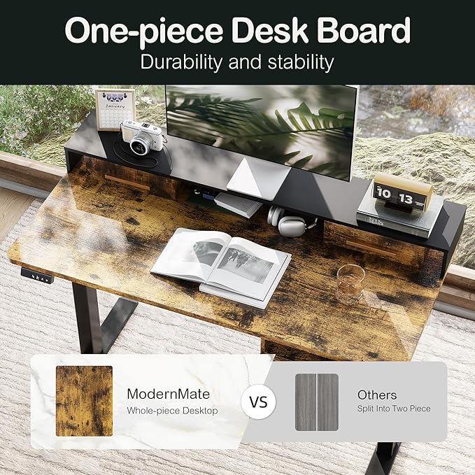 ModernMate Standing Desk with 4 Drawers, 47.2 x 23.6 Inch Whole Piece Height Adjustable Electric Sit Stand Desk, Computer Home Office Workstation with Open Storage Shelf, Rustic Brown