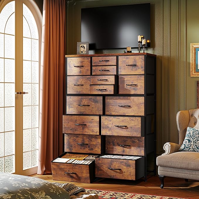 Romorgniz 57“H Dresser for Bedroom with Multiple Drawers, Fabric Dressers & Chests of Drawers for Bedroom,Large Dresser, Sturdy Metal Frame & Wood Top,Entryway, Hallway(Rustic Brown)