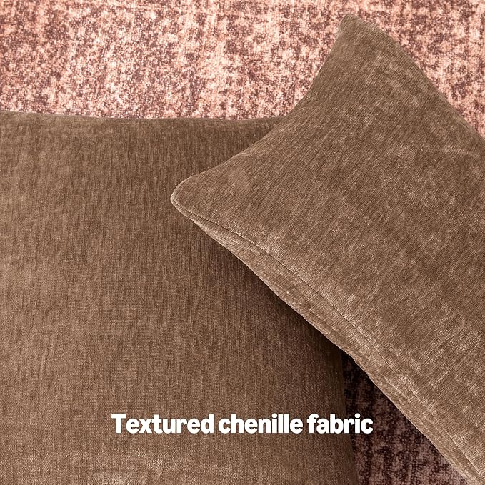 Amazon Basics Chenille Throw Pillow Covers, Home Decor Cushion Cover for Bedroom Living Room Couch Bed, 22" W × 22" L, Brown