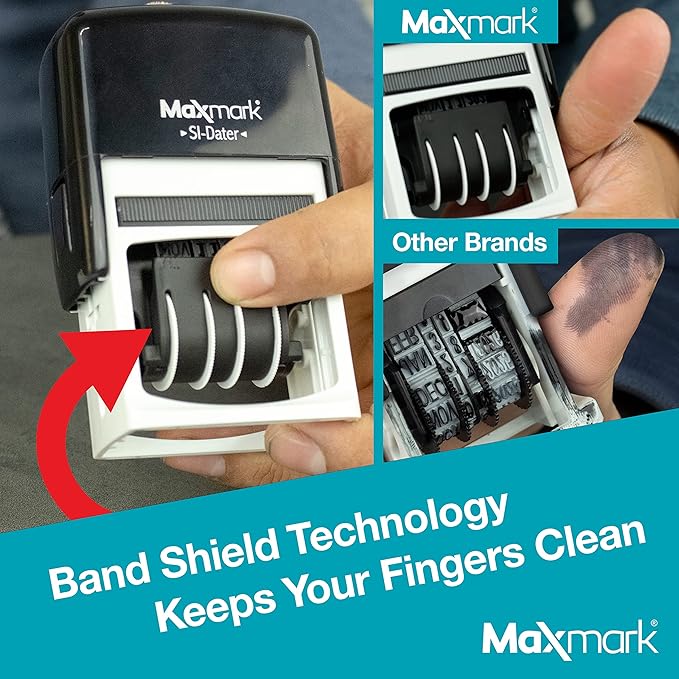 MaxMark Office Self Inking Date Stamp with Phrase Entered - Red Ink