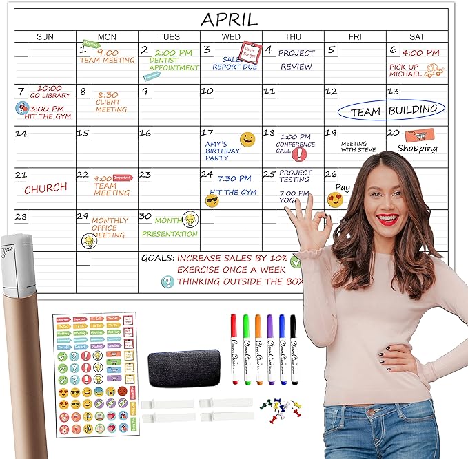 Large Dry Erase Wall Calendar - 24"x 36" Undated Monthly Calendar for Home, Office, Classroom - Reusable Laminated Task Organizer