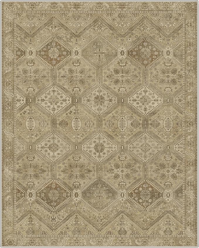 GENIMO 5x7 Area Rugs for Living Room, Machine Washable Non Slip Vintage Rugs, Low Pile Lightweight Print Rug for Bedroom, Dining Room, Home Office, Tan Brown