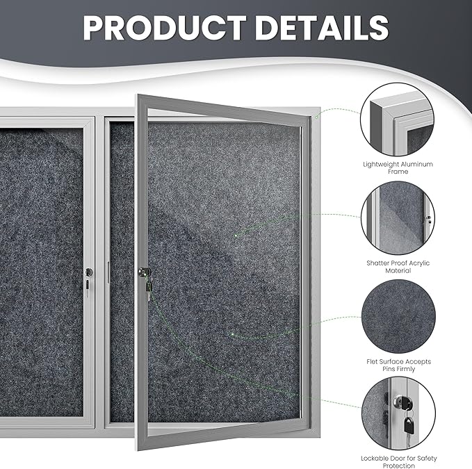 48"x36" Lockable Enclosed Bulletin Board, Outdoor Flet Weather-Resistant Aluminum Frame Notice Board, Wall Mounted Display Case Acrylic Doors for School,Office,Silver Frame w/Grey Flet
