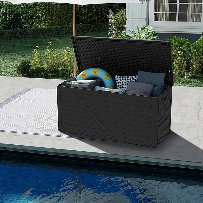 PATIOEASY Outdoor Storage Box 260GAL Waterproof Resin Deck Box,UV-Resistant Lockable Package Delivery Bin for Garden Tools,Large Patio Outside Cushions,Pool Accessories Supplies,Chest,Furniture,Brack