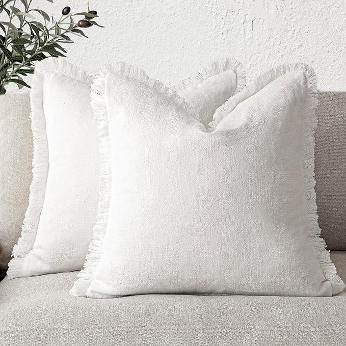 Foindtower Set of 2 Decorative Linen Fringe Throw Pillow Covers Cozy Boho Farmhouse Cushion Cover with Tassels Soft Accent Pillowcase for Couch Sofa Bed Living Room Home Decor,24×24 Inch,White