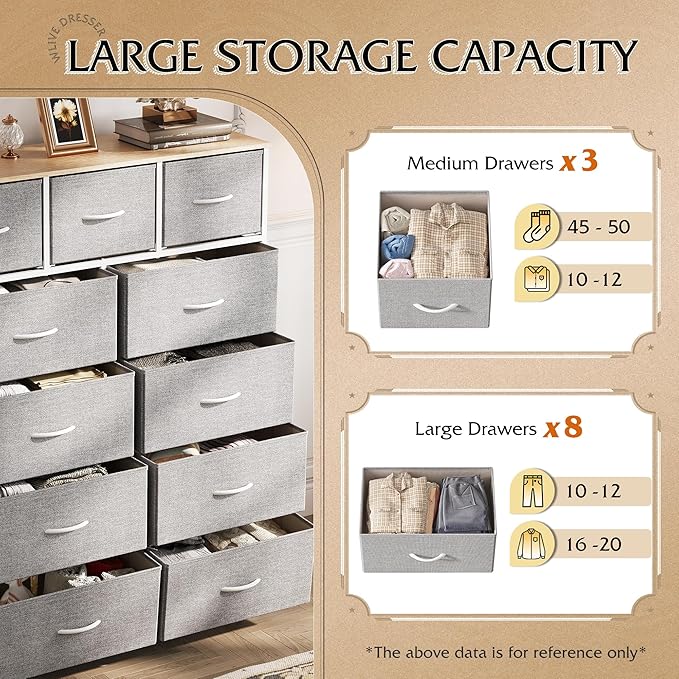 WLIVE Tall Dresser for Bedroom, Fabric Dressers Storage Tower, Dresser & Chest of Drawers Organizer Unit with 11 Drawers, Storage Cabinet, Hallway, Closets, Steel Frame, Wood Top, Light Grey