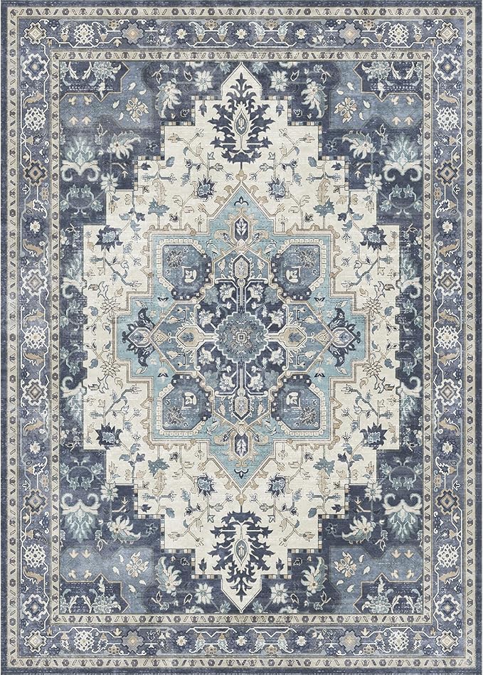 GENIMO 6x9 Area Rugs for Living Room, Machine Washable Non Slip Vintage Rugs, Low Pile Lightweight Chenille Print Rug for Bedroom, Dining Room, Home Office, Center Blue