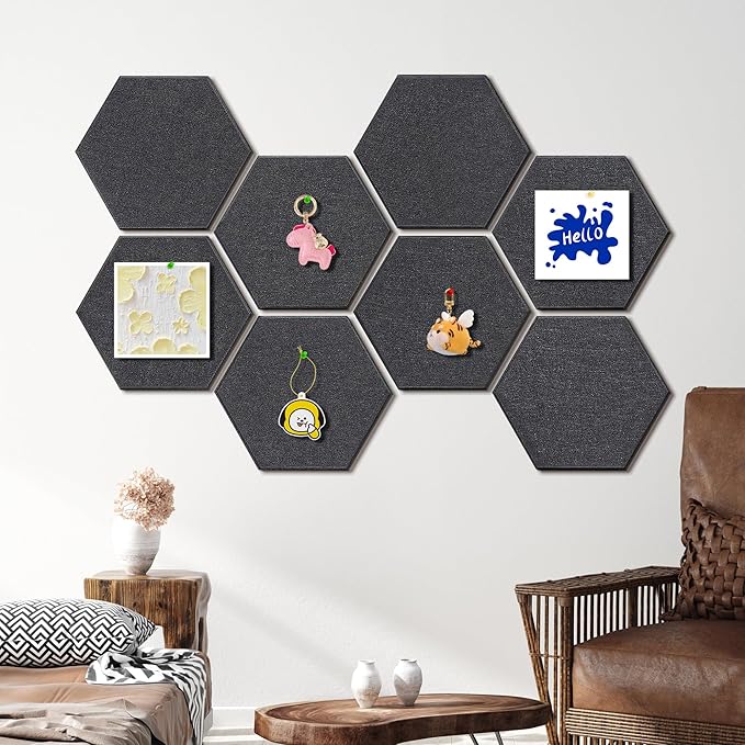 12'' Large Hexagon Cork-Bulletin Boards for Walls, Self-Adhesive Modern Corkboard, Frameless Felt Pinboard, Prayer-Vision Pin Board for Office, Pack of 8 Hex Cork Tiles with 30 Pushpins