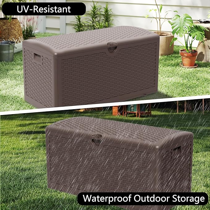 Decksplore 90 Gallon Pro Outdoor Storage Box Waterproof Lockable Resin Deck Box Large, Patio Storage Bin for Pool Accessories Cushion Furniture, Garden Tools, UV-Resistant Outside Delivery Brown