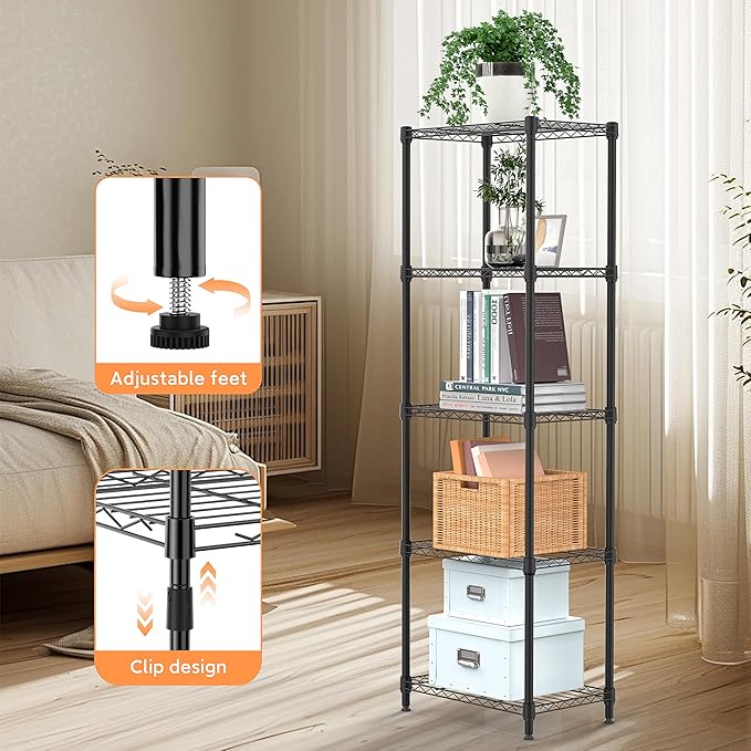 M MZG 5 Tiers Shelf Metal Storage Shelves Wire Rack Closet Organizers with Wheel for Garage Kitchen Bathroom Laundry Black 11.8" D x 17.7" W x 55" H