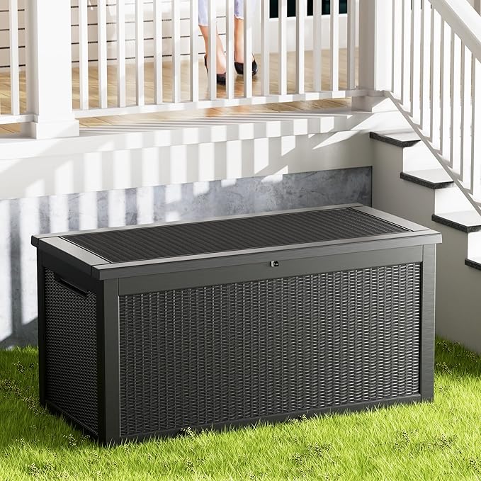 Decksplore 320 Gallon Outdoor Storage Box Waterproof Lockable Resin Deck Box Large, Patio Storage Bin for Pool Accessories Cushion Furniture, Garden Tools, UV-Resistant Outside Delivery Black