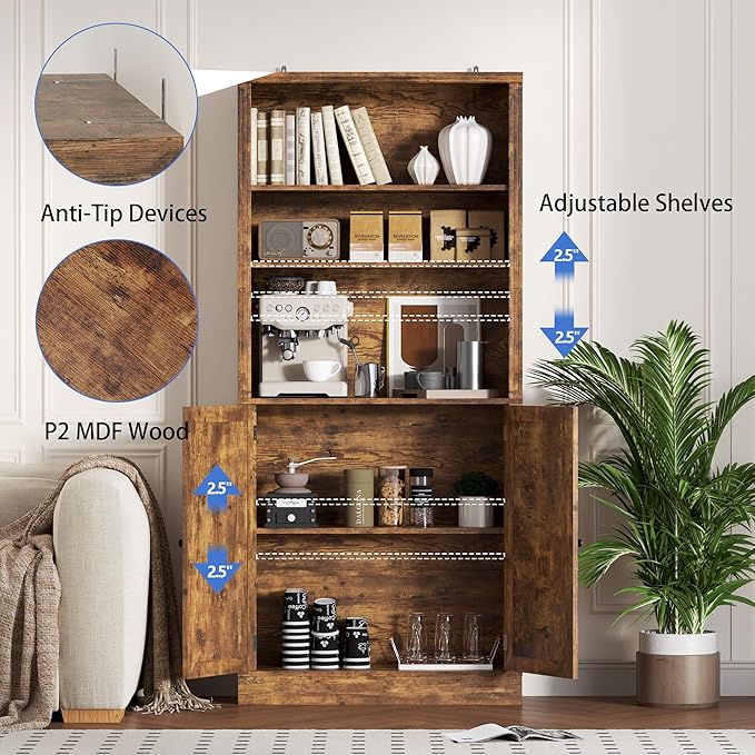 BORNOON 71.4" Tall Bookshelf with Cabinet, 5-Tier Floor Standing Bookcase with Doors & Adjustable Shelves, 31.5" Wide Storage Shelf, Metal Handles, Modern Organizer for Home Office, Living Room