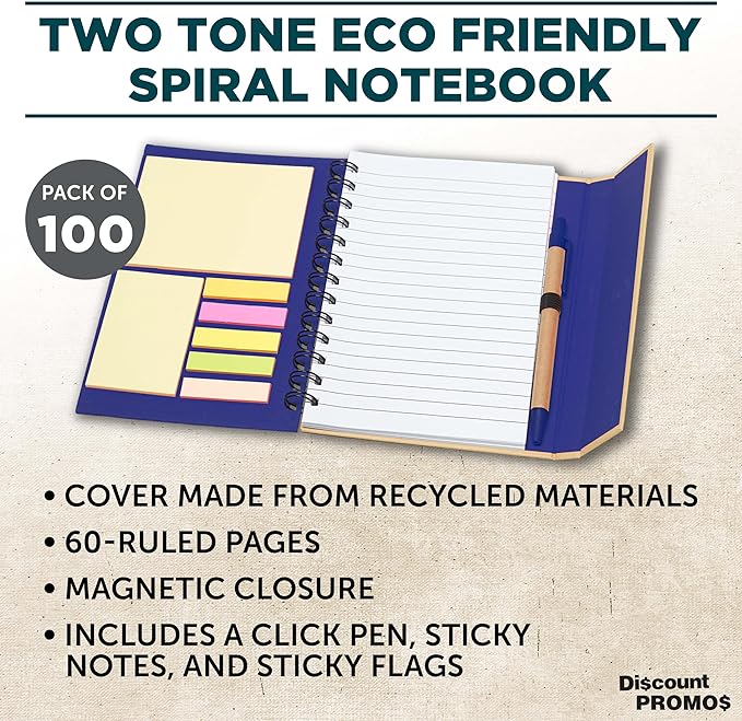 DISCOUNT PROMOS Custom Eco Friendly Spiral Notebooks with Pens Set of 100, Personalized Bulk Pack - Perfect for School, Office, Home - Blue