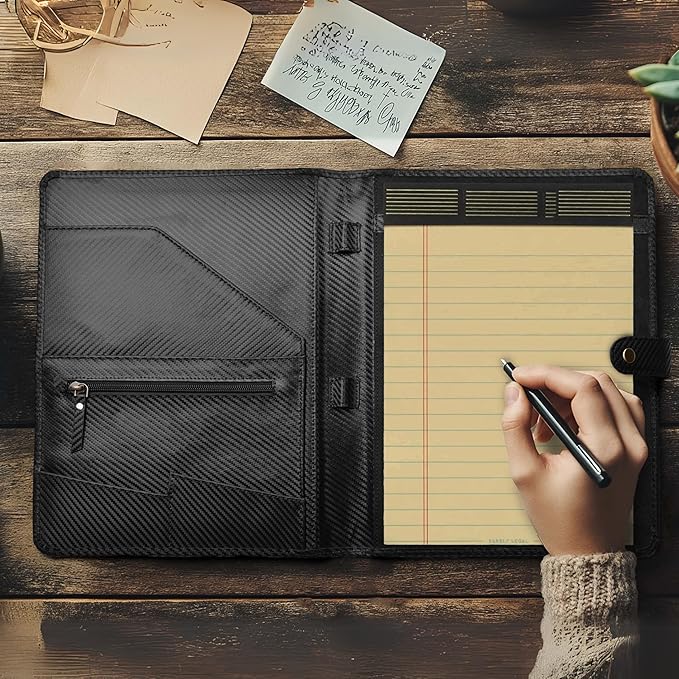 LEATHER VILLAGE Portfolio Professional Organizer – Carbon Fiber Genuine Leather Padfolio Resume Folder for A4 Letter Pad with Pen Holder, Business Card Slots – Ideal for Men & Women - Black