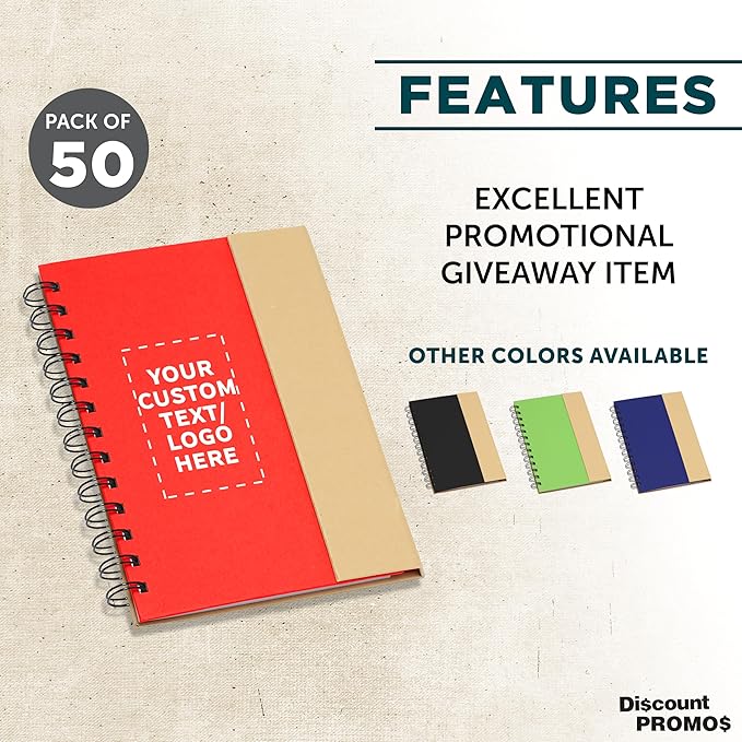 DISCOUNT PROMOS Custom Eco Friendly Spiral Notebooks with Pens Set of 50, Personalized Bulk Pack - Perfect for School, Office, Home - Red