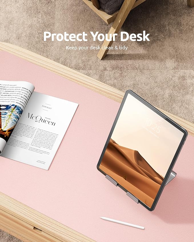 YSAGi Leather Desk Protector, Office Mat, Large Mouse Mat, Non-Slip PU Leather Blotter, Laptop Desk Pad, Waterproof Writing Pad for Office and Home (Light Pink, 35.4" x 17")