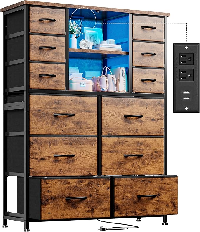 EnHomee Dresser for Bedroom with Fabric Dresser, Charging Station & LED Light, Large Chest of Drawers for Living Room, Entryway, Metal Frame, Rustic Brown, 50.6" H x 37.8" W x 11.8" D