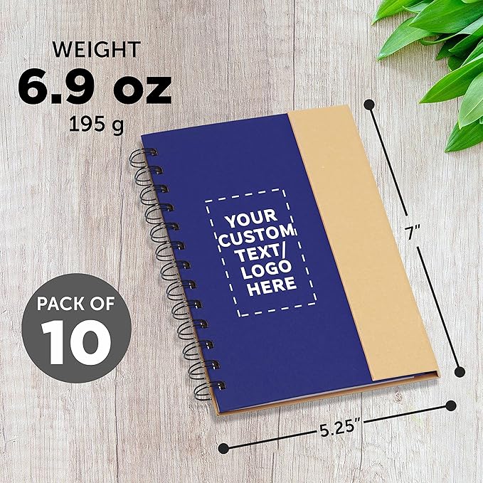 DISCOUNT PROMOS Custom Eco Friendly Spiral Notebooks with Pens Set of 10, Personalized Bulk Pack - Perfect for School, Office, Home - Blue
