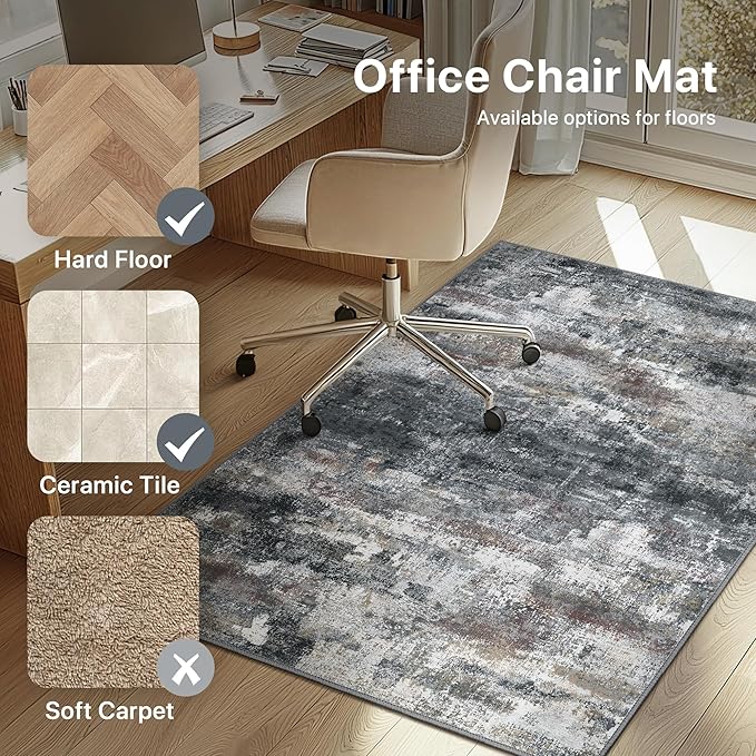 Office Chair Mat for Hardwood Tile Floor, Abstract 36"X 48" Desk Mats for Office Chair on Rolling Chairs Carpet, Desk Anti-Slip 1/5" Thick Rug for Computer Chair, Thin Low-Pile Floor Mat, Dark Gray