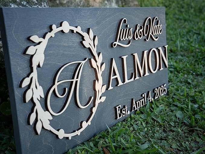 Custom Family Name Sign | Personalized Wooden Wedding Gift | Rustic Last Name Wood Plaque | Established Date Sign |Аnniversаrу (Almon Style)