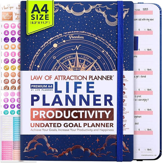 Life Planner - Undated Weekly & Monthly Planner, 12-Month Journey to Increase Productivity | Gratitude Journal, Life Organizer & Goal Journal | Include Foldable Vision Board, Habit Tracker & Stickers