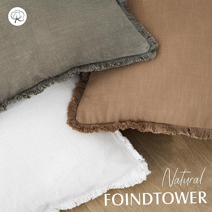 Foindtower Set of 2 Decorative Linen Fringe Throw Pillow Covers Cozy Boho Farmhouse Cushion Cover with Tassels Soft Accent Pillowcase for Couch Sofa Bed Living Room Home Decor,12×24 Inch,White