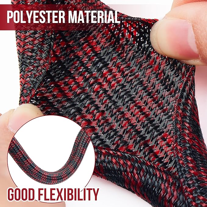 QCSIW Split Cable Sleeve, 25ft x 1 inch Black Red Braided Wire Loom for Home Cable Management, Pet Chew Protection and DIY Cord Organizer for Desk and Home Theater