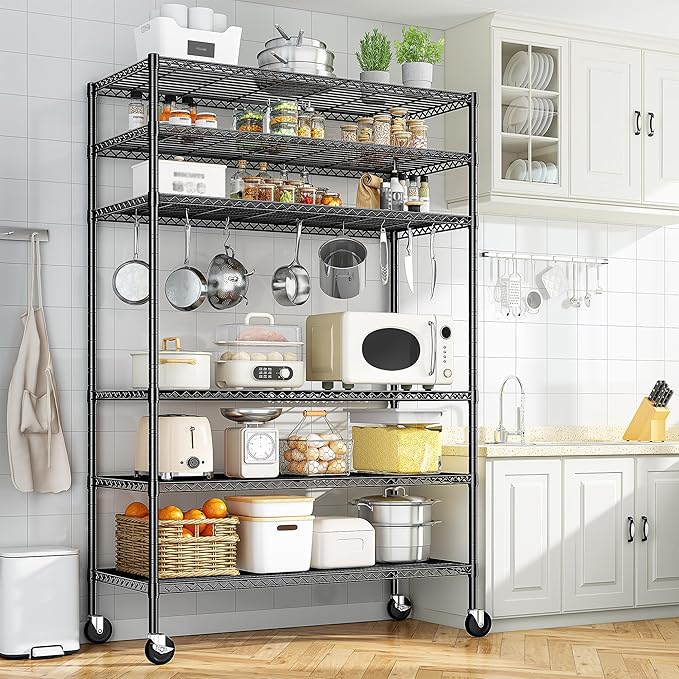 Romorgniz 82" H X45 W X18 D Storage Shelves with Wheels, 6 Tier Wire Shelving Adjustable Metal Shelving Pantry Shelves Capacity 1200LBS for Garage Shelving, Pantry, Kitchen, Closet, Black,2P