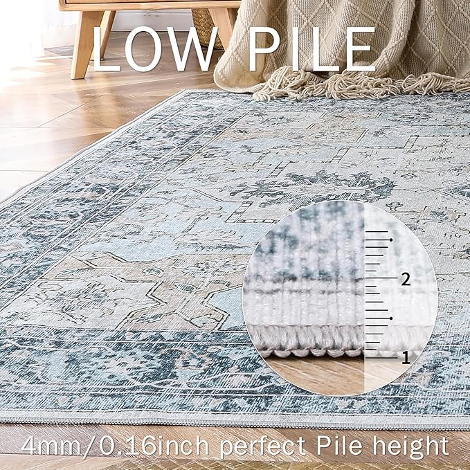 GENIMO Runner Rug 2x8, Non Slip Vintage Hallway Runner Rugs, Low Pile Lightweight Machine Washable Mat for Hallway, Entryway, Bedroom, Kitchen and Corridor, Blue