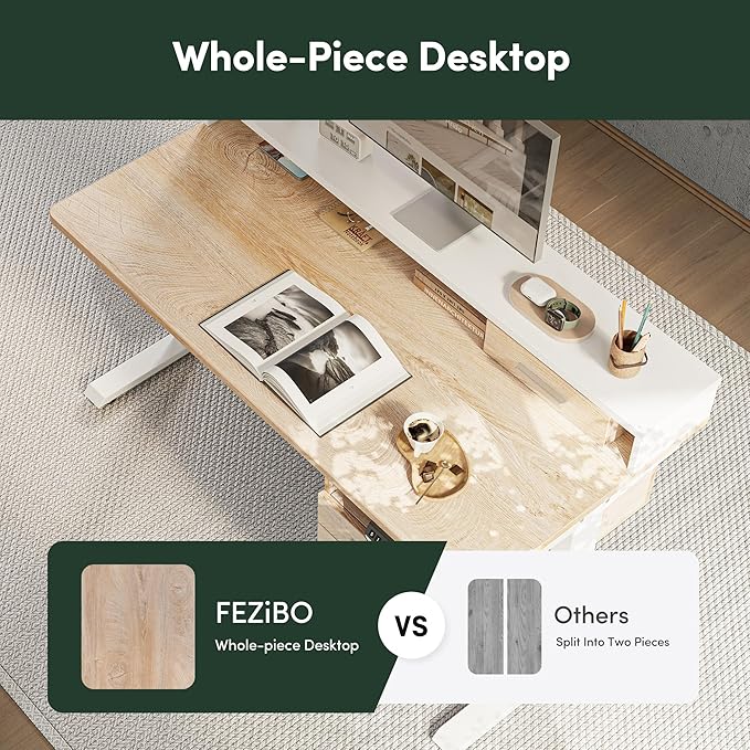 FEZIBO Electric Standing Desk 48 x 24 Inch with Monitor Shelf, 3 Drawers and Open Storage, Home Office Computer Workstation, Maple, 2 Packages