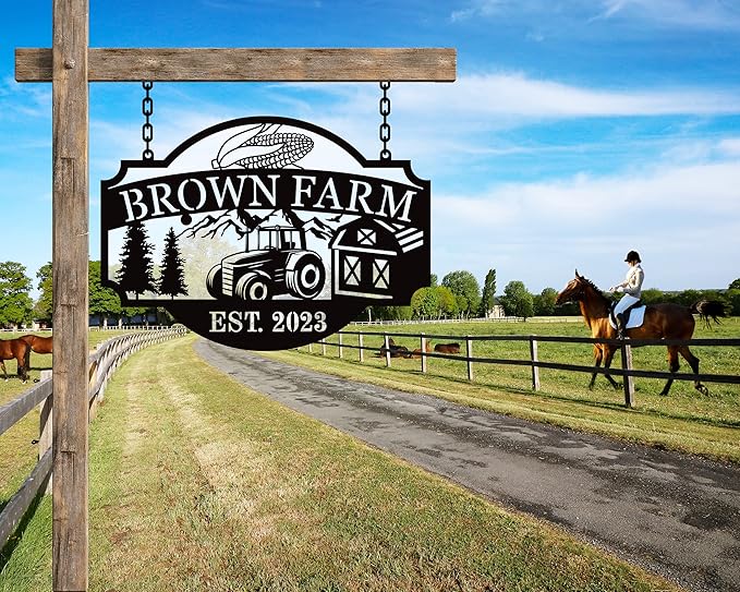 Custom Farmhouse Metal Sign | Personalized Last Name & Established Date Farm Scene Wall Art | Metal Farm Wall Art & Garden Decor | Unique Farmer Gift, Housewarming, or Ranch Decoration