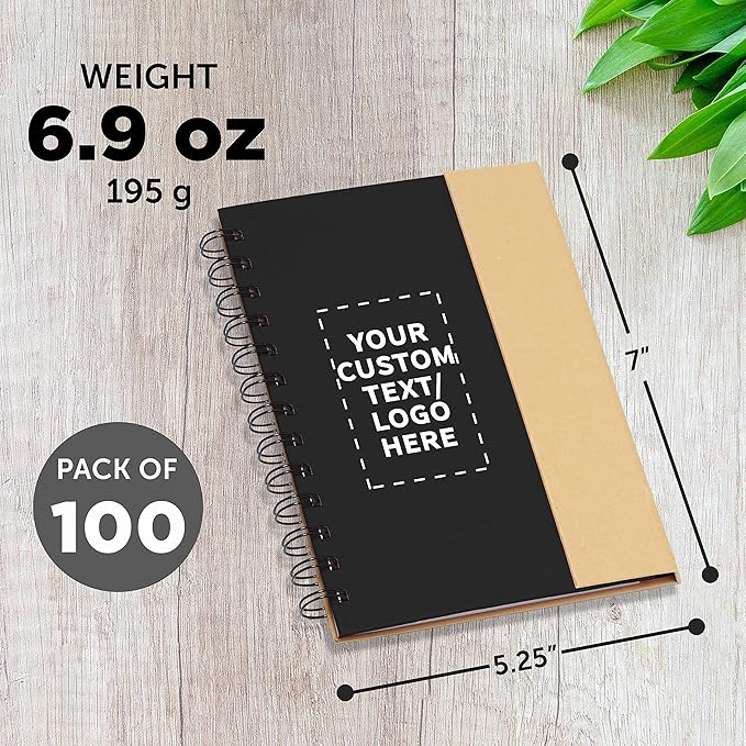 DISCOUNT PROMOS Custom Eco-Friendly Spiral Notebooks with Pens – Set of 100, Perfect for Mother’s Day Gift – Bulk Pack for School, Office, or Home – Black