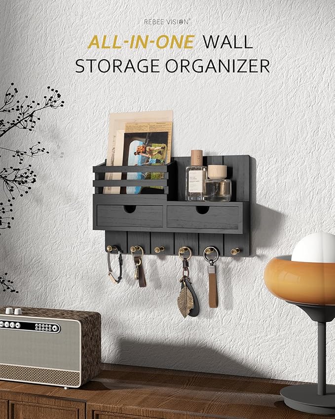 Rebee Vision Decorative Key Holder Wall Mount with 2 Drawer Organizer - Modern Mail Organizer with 6 Key Hooks & Shelf - Home Decor Aesthetic for Apartment Essentials (Black)