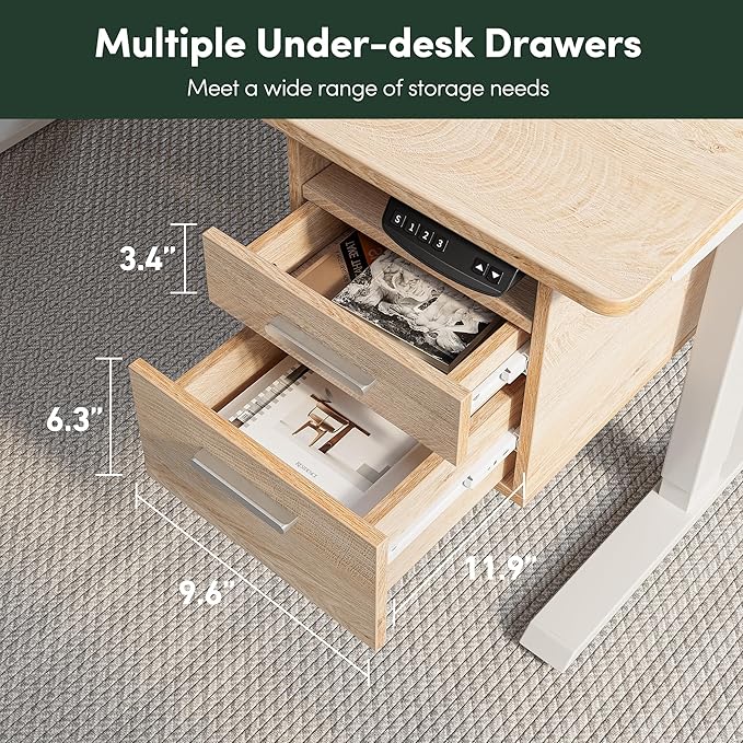 FEZIBO Electric Standing Desk 48 x 24 Inch with Monitor Shelf, 3 Drawers and Open Storage, Home Office Computer Workstation, Maple, 2 Packages