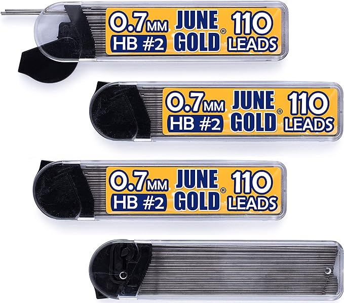 June Gold 440 Pieces, 0.7 mm HB #2 Lead Refills, 110 Pieces Per Dispenser, Medium Thickness, Break Resistant Lead/Graphite (Pack of 4 Dispensers)
