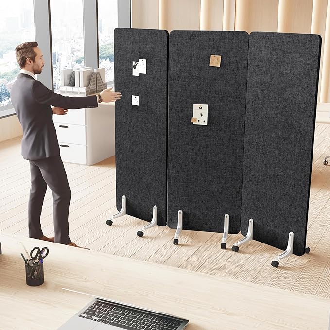 MORDEER 70.8" W x 63" H Freestanding Partition Room Dividers, Acoustic Panels with Wheels, 3 Soundproof Privacy Panels for Office, Reception Room, School, Hospital, Dark Grey