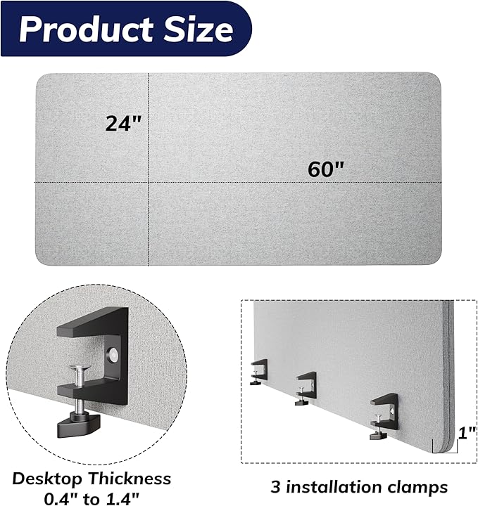 KERRAM Desk Privacy Panel 24 x 60 Inch, Sound Absorbing & Proof Desk Divider for Office, Clamp-on/Screw-on Acoustic Desk Back Panel Partition, Gray