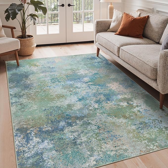 GENIMO Washable Rugs 4x6 Area Rugs for Living Room Bedroom, Modern Lightweight Rug Ultra Soft Indoor Area Rugs 4x6 for Dining Room, Low Pile Carpet with Non Slip Backing, Blue Green
