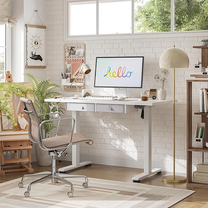 Agilestic Standing Desk with 2 Drawers, Adjustable Height Electric Desk with Storage, 55 x 24 Inches Sit Stand Up Computer Table, White